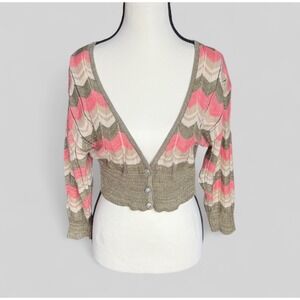 MIXIT Chevron Zigzag Print Cardigan Sweater Cropped Metallic Sparkle‎